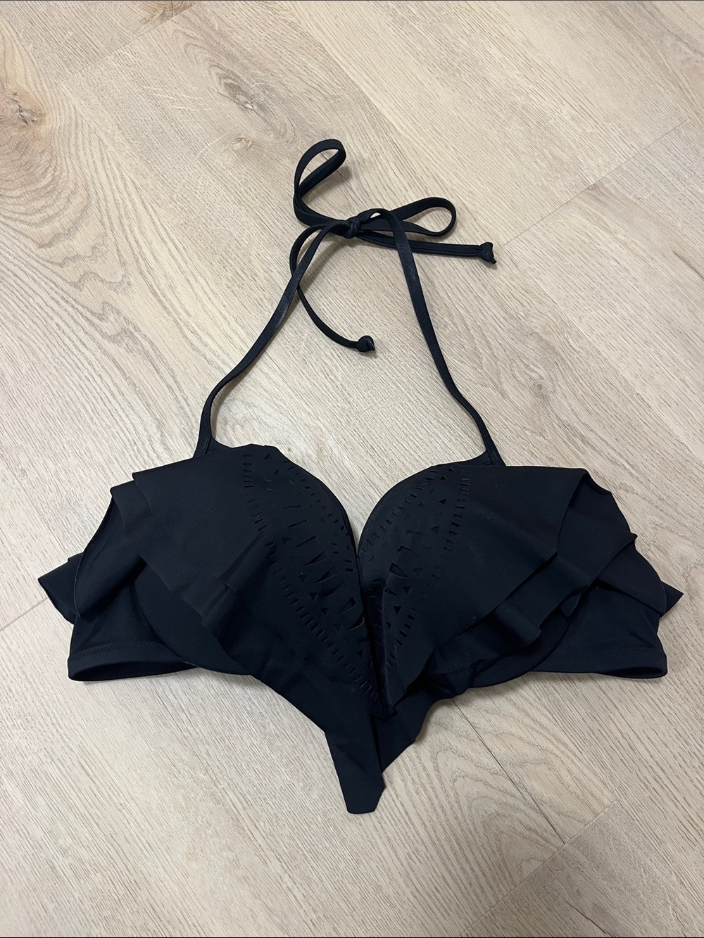 PINK by Victorias Secret Black Ruffle Halter Bikini Top